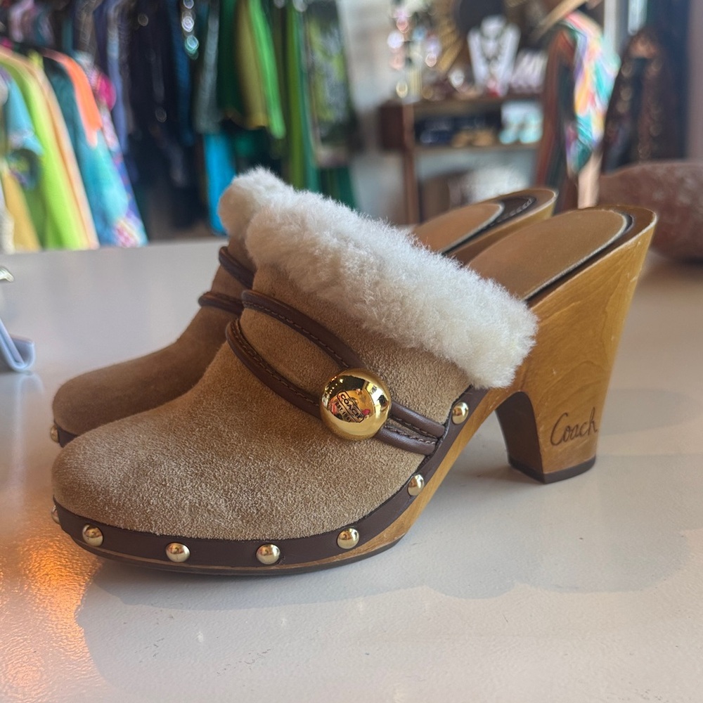 Y2K Coach Women's Tan Suede Shearling Clog Heels